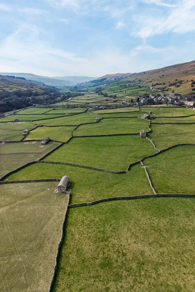 Elevated Vertical Panoramic View Patchwork Fields Traditional Stone Barns Gunnerside — Stock Photo, Image