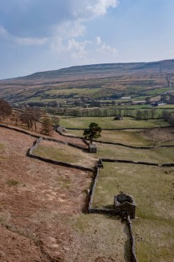 Stone barns and walls in farmland between Angram and Thwaite in Swaledale North Yorkshire elevated view