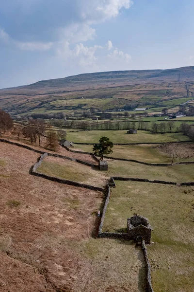 Stone Barns Walls Farmland Angram Thwaite Swaledale North Yorkshire Elevated —  Fotos de Stock