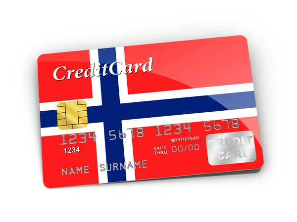 Tarjeta de crédito cubierta con bandera noruega . — Foto de Stock