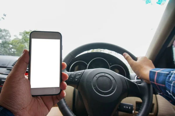 Man Using Mobile Phone Device While Driving Cropped Shot View — Stock Photo, Image