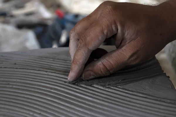 Close Male Sculptor Making Art Clay Using Hands Clay Master — Fotografia de Stock