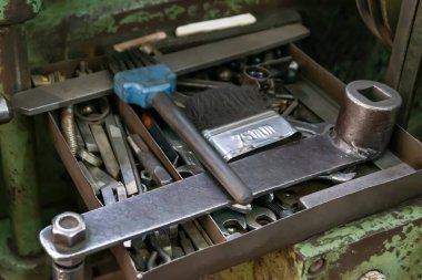 Torna makinelerinin kapatılması gibi bir şey. Eski bir fabrikadaki vintage endüstriyel makineler.