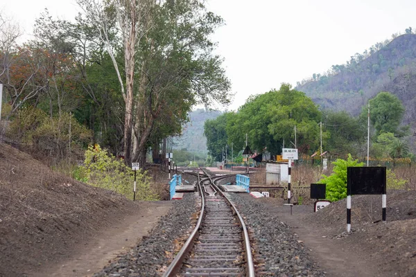 A scenic view of railway station at hill station platform of mountain village Kalakund near Mhow, Indore, Madhya Pradesh on a sunny summer day. Indian village.