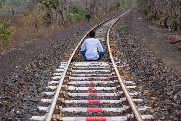 Man Sitting Railway Track Meditating Pose Mountain Village Kalakund Mhow — Stock Photo, Image