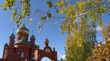 Huş ağacı yapraklı dallar, altın kubbeli bir Rus Hıristiyan kilisesinin arka planında hafif bir rüzgarda sallanıyor.