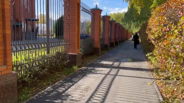 Asphalted alay langs het ijzeren hek met bakstenen inzetstukken en herfst kleurrijke struiken — Stockvideo