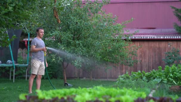 男が庭に屋外の植物を集めている。日光の下で水のジェット噴霧。園芸と趣味の概念 — ストック動画