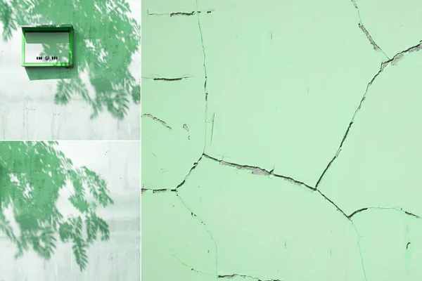 古い割れた壁の表面のコラージュ。緑の背景にあるローワンの木の暗い緑の影。壁のメールボックス. — ストック写真