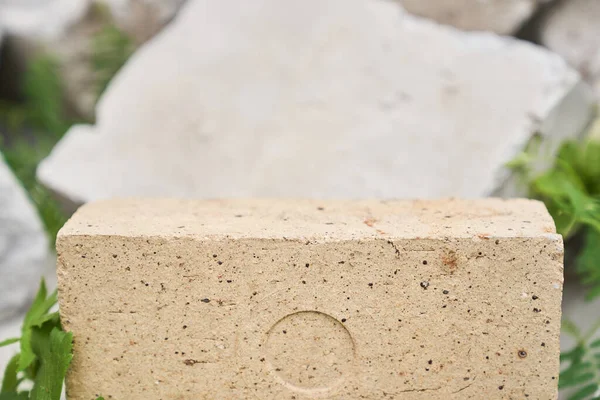 Ett stenpodium för att demonstrera din produkt med naturlöv på en stenbakgrund. — Stockfoto