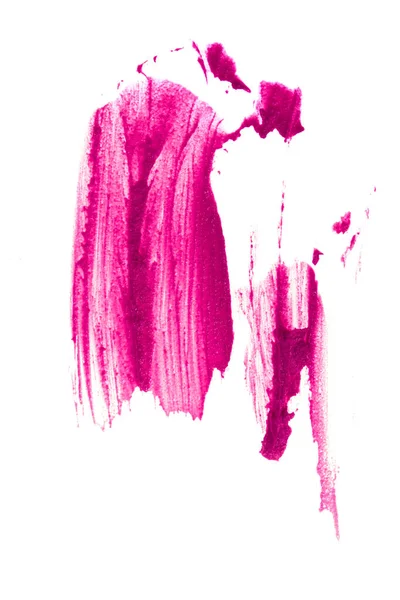 Lo striscio verticale di rossetto si staglia su uno sfondo bianco. Il colore cremisi di un prodotto cosmetico con spazio per copiare — Foto Stock