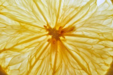 Limonun makro yakın çekimi. Şeffaf limon dokusu. Taze sulu limonun makro ayrıntıları