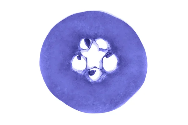 Фіолетова айва, розрізана навпіл. Всередині поздовжня секція має форму зірки. Круглий шматок дуже опуклих фруктів на білому ізольованому фоні . — стокове фото