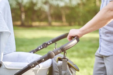 Bebek arabasında bebekle parkta yürüyen genç bir baba. Bebek arabasıyla erkek eli yakın çekim yapacağız. Babalar Günü konsepti