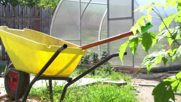 Närbild av ett modernt polykarbonat växthus. Jordbruksredskap och en vagn med ett hjul i trädgården. Begreppet modern trädgårdsskötsel — Stockvideo