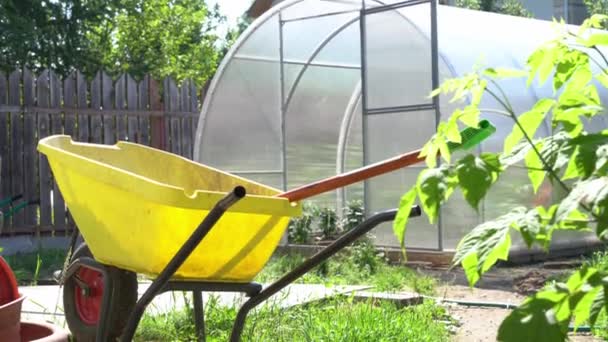 Detailní záběr na moderní polykarbonátový skleník. Zemědělské nářadí a vozík s jedním kolem v zahradě. Koncept moderního zahradničení — Stock video