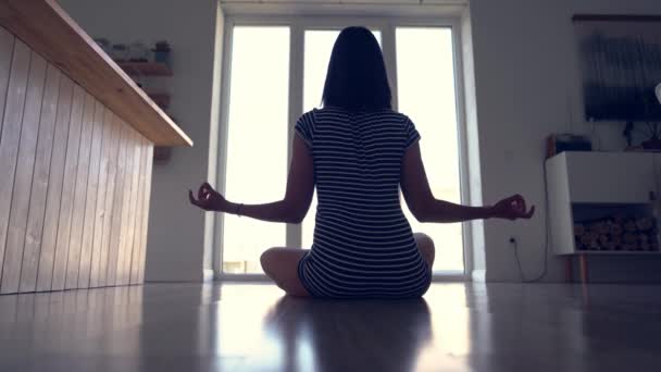 Yoga for pregnant women on the background of the window.An unrecognizable pregnant woman is doing yoga in the lotus position, with her back to the camera. — Stock Video
