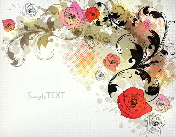 Ročník pozadí abstraktní s ručně kreslenou retro květiny a skvrny. — Stockový vektor