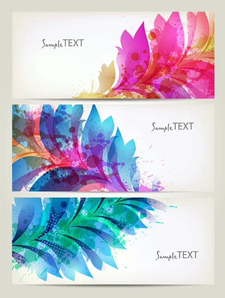 Set of abstract cards with flowers colorful elements with blots. — Stock Vector