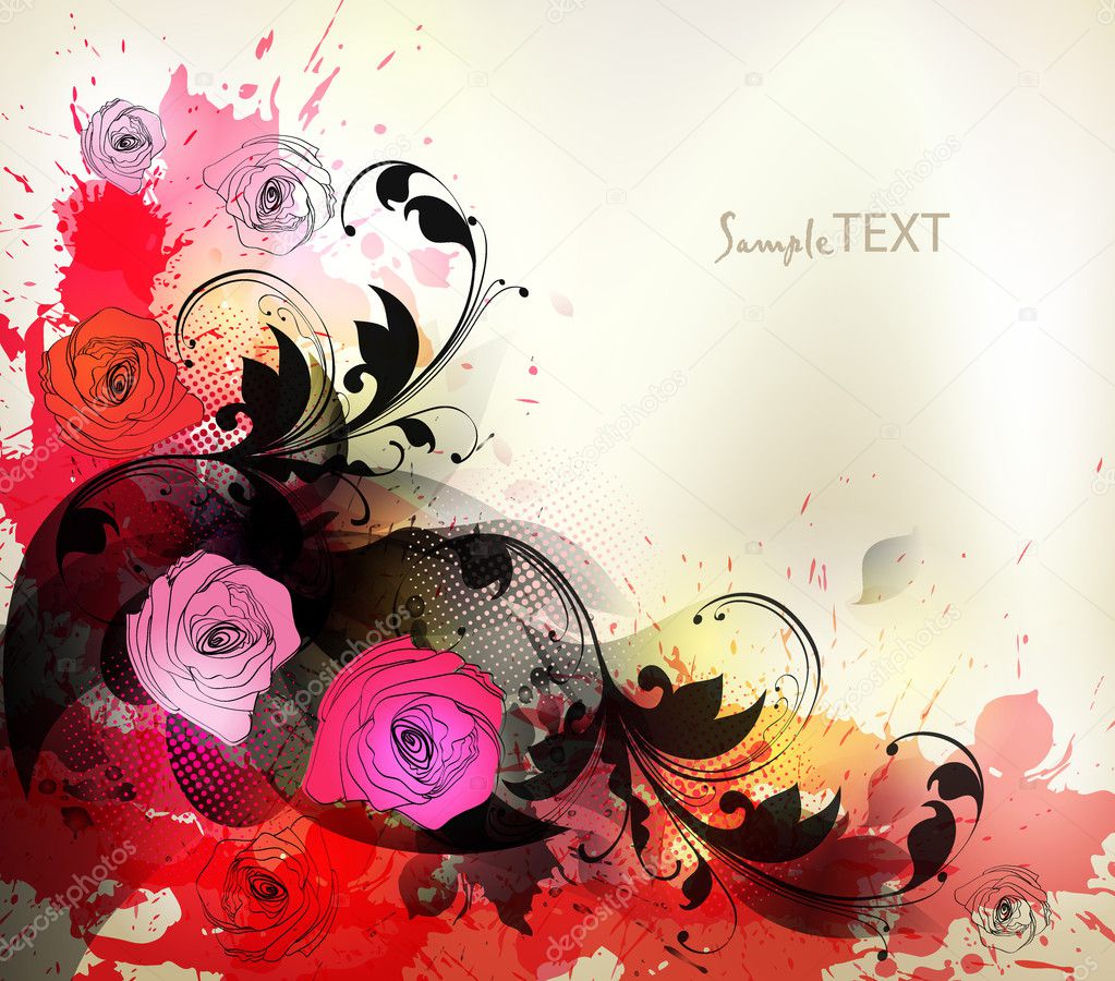 vintage abstract background with hand drawn retro flowers and blots.