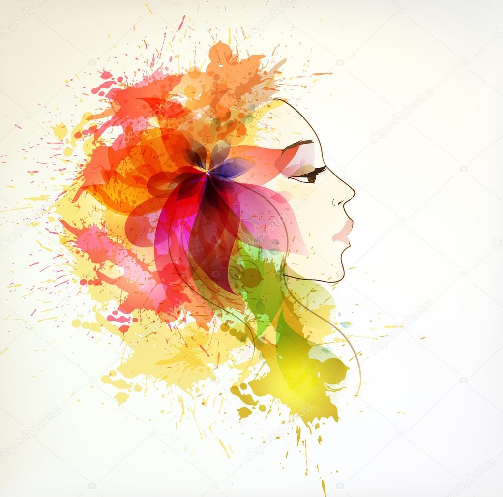 Beautiful fashion women with abstract flower and blots.