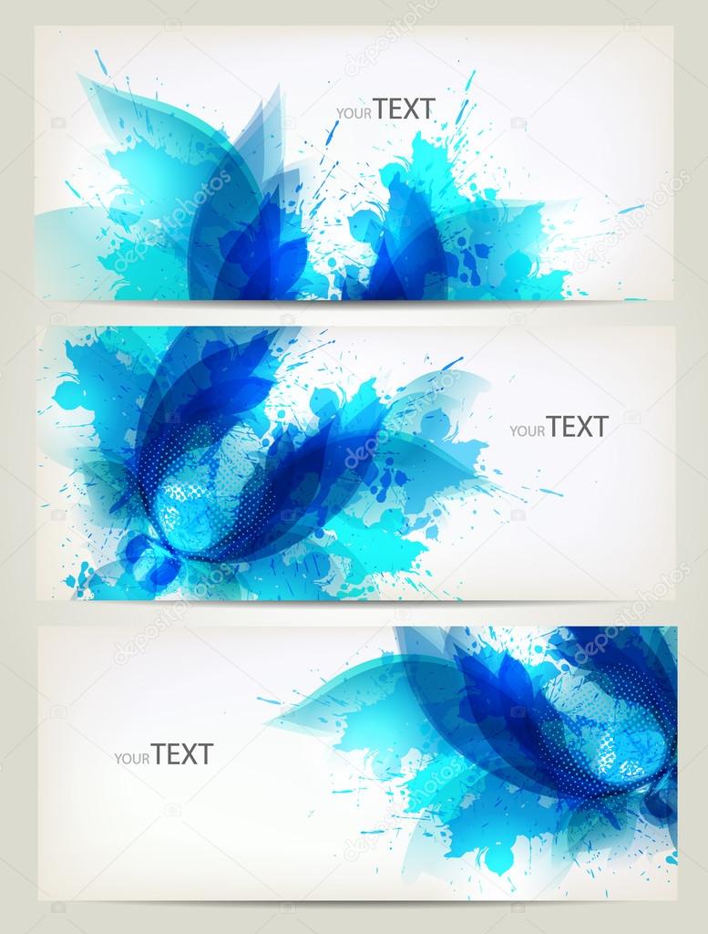 Set of abstract cards with flowers colorful elements with blots.