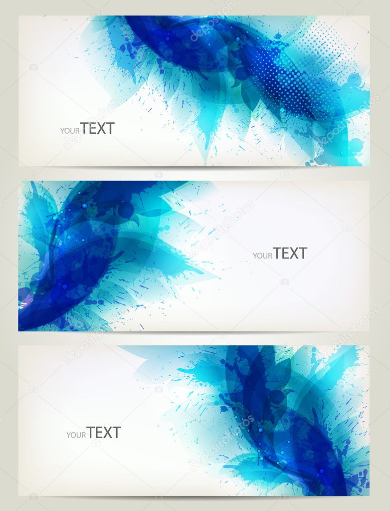 Set of abstract cards with flowers colorful elements with blots.