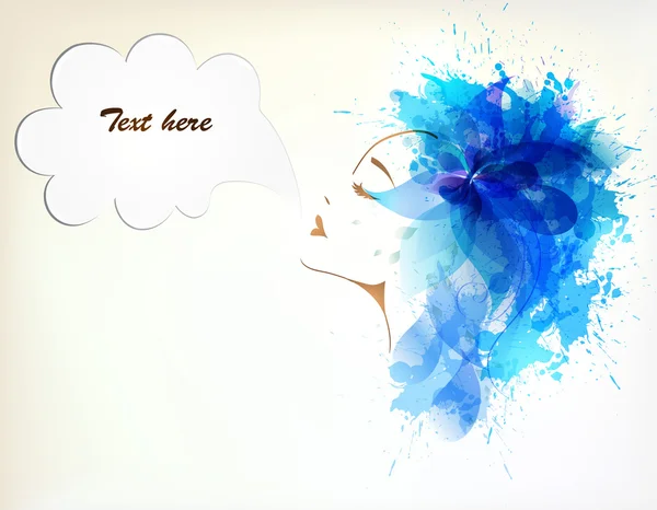 美丽的女人，用抽象的蓝色花和墨水和讲话泡泡 — 图库矢量图片
