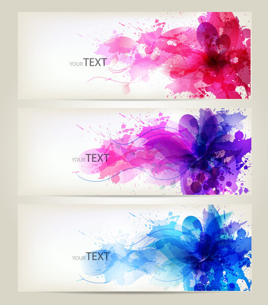 Set of flowers element and colorful blots.