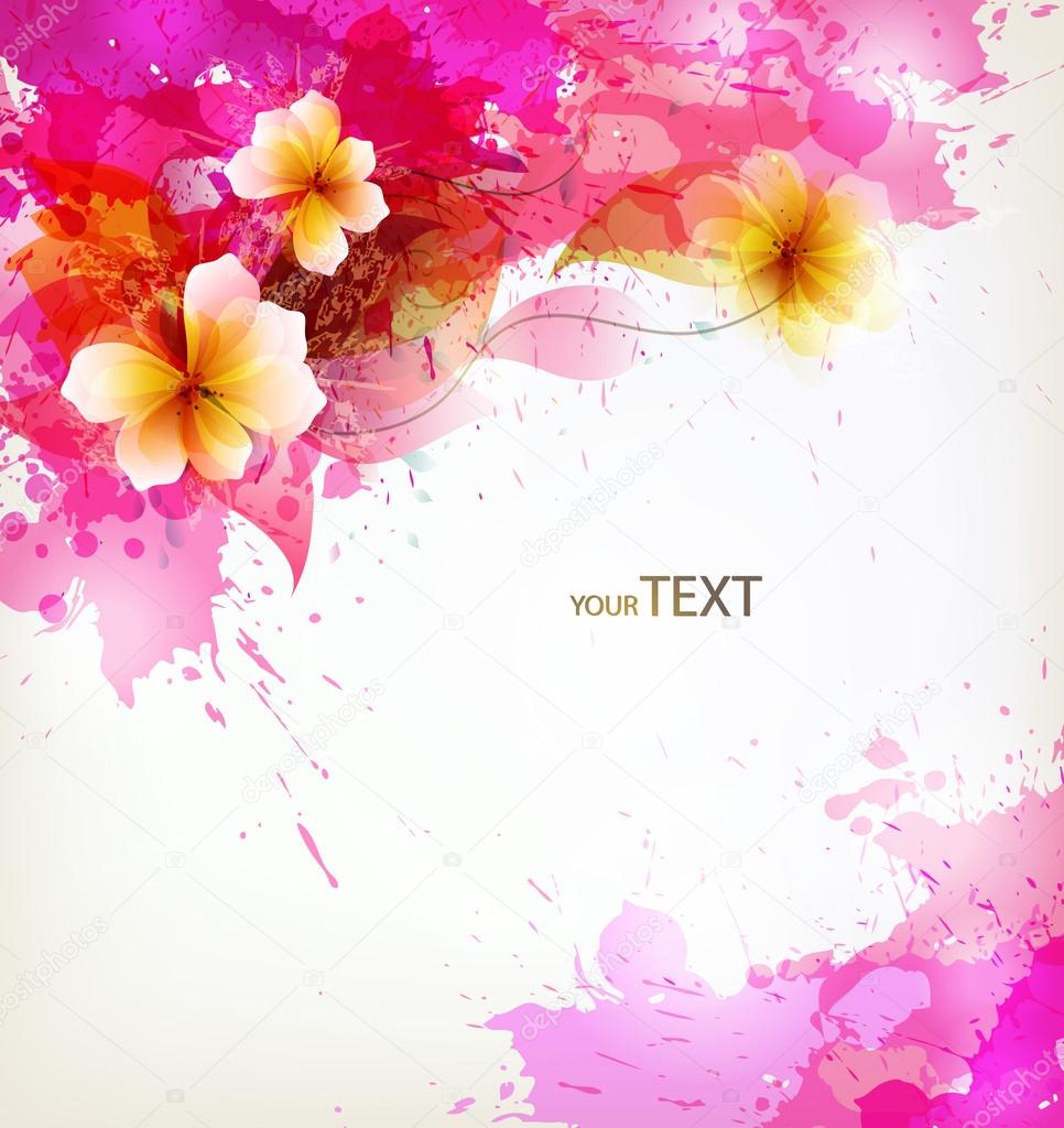 Pink abstract background with colorful flower and blots.