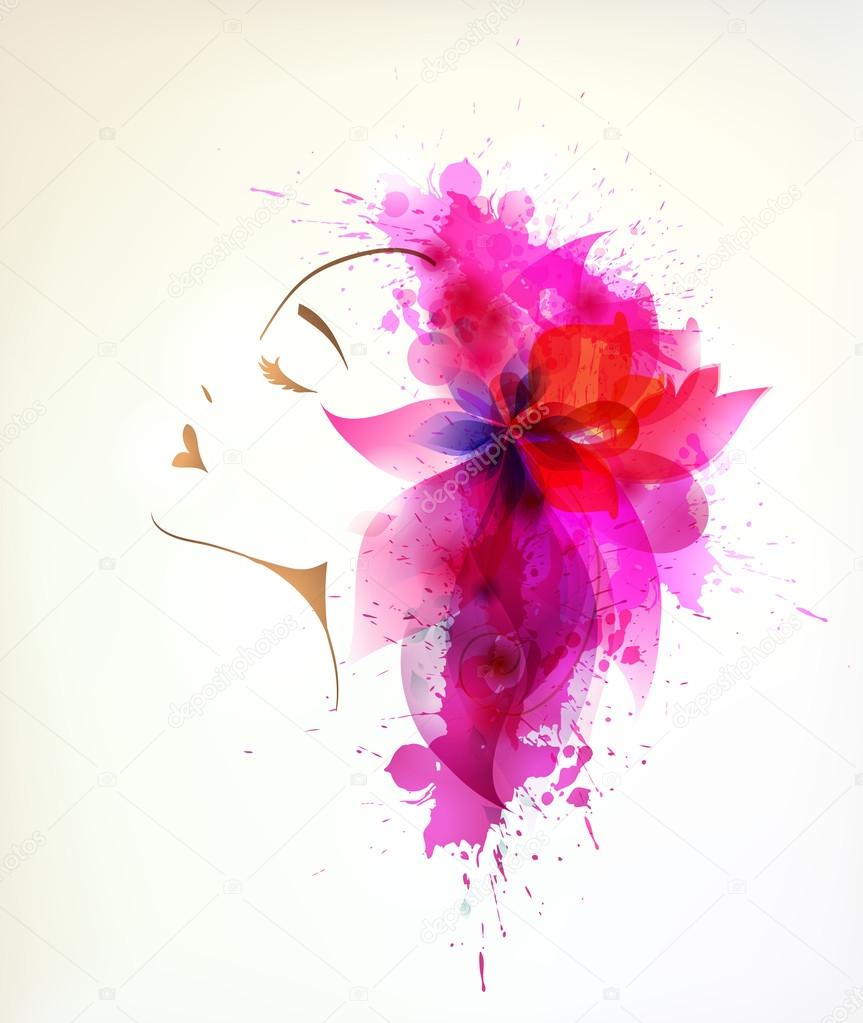 Beautiful fashion women with abstract pink flower and blots.