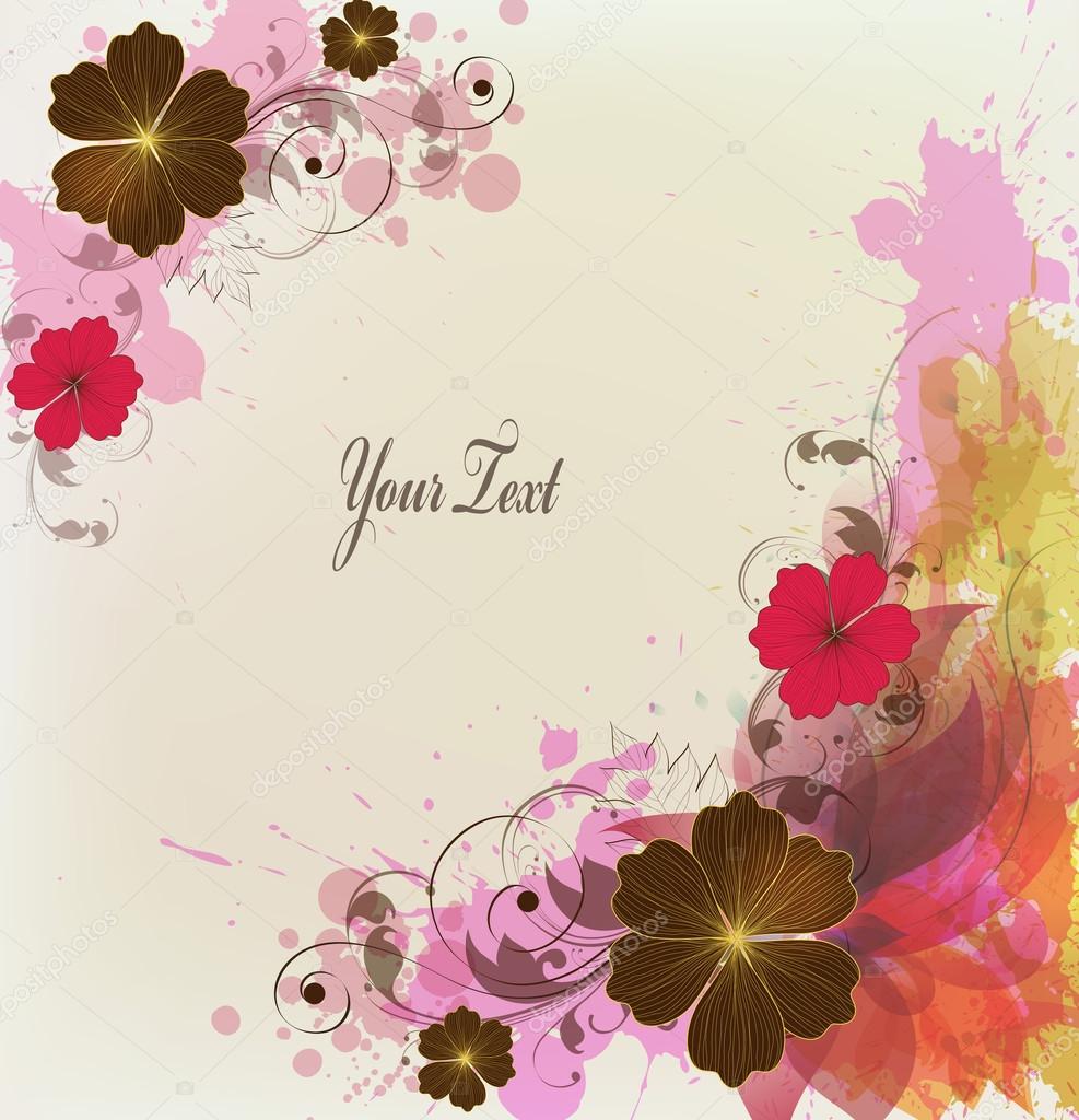 Design background with hand drawn vintage flowers and colorful blots.