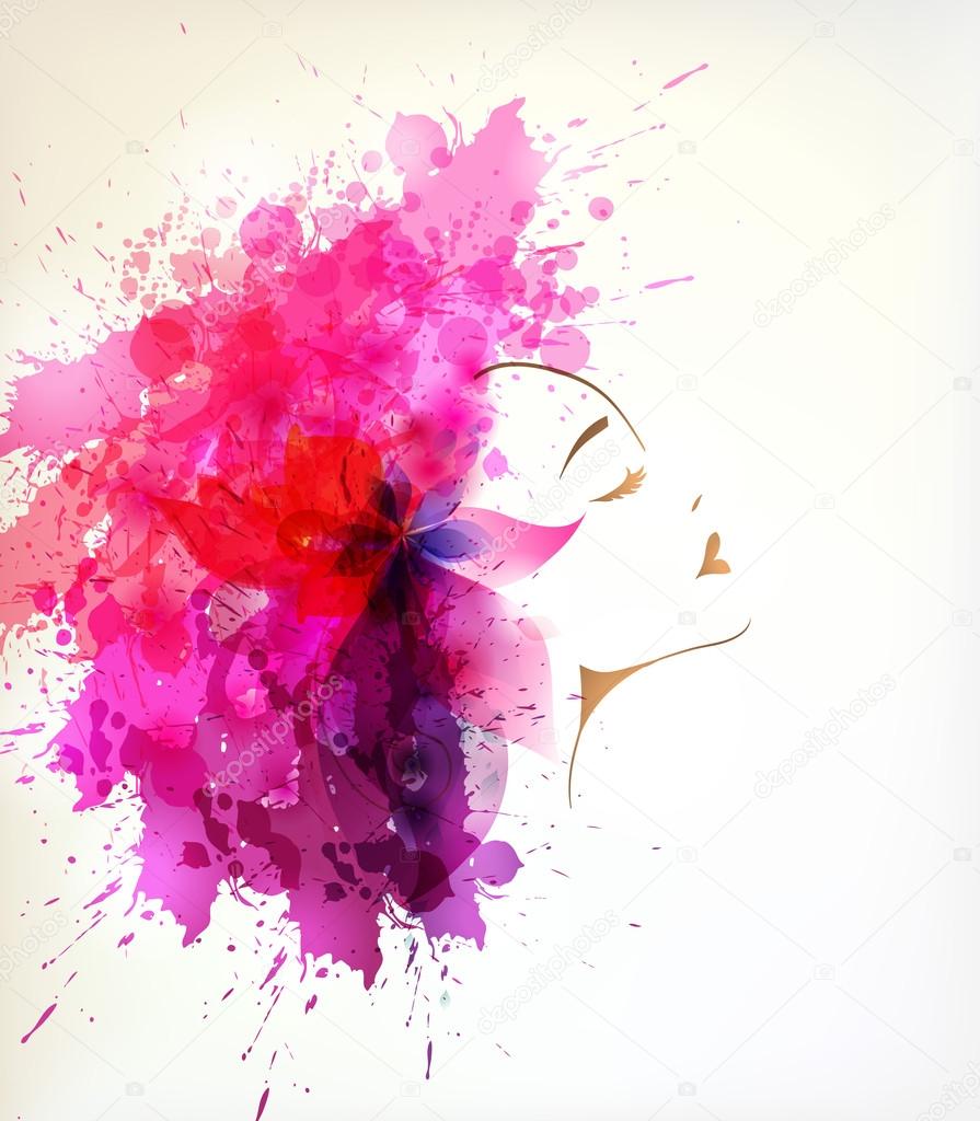 Beautiful fashion women with abstract flower and blots
