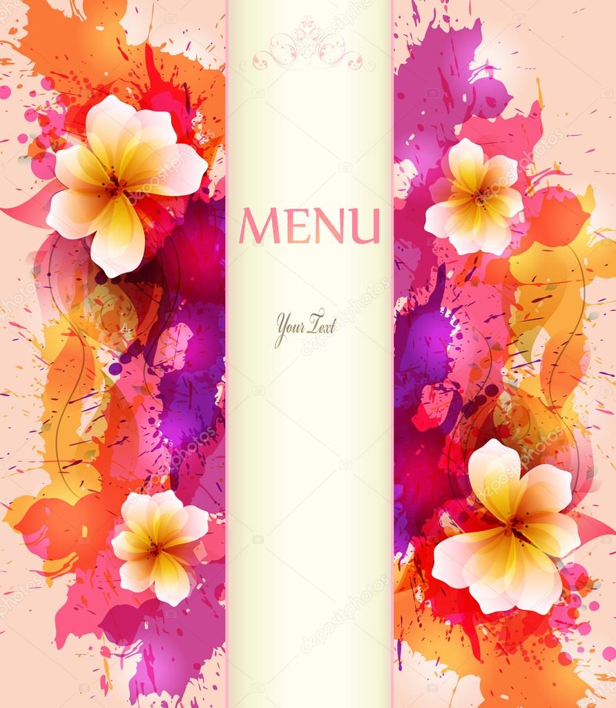 Design background with hand drawn vintage flowers and colorful blots.