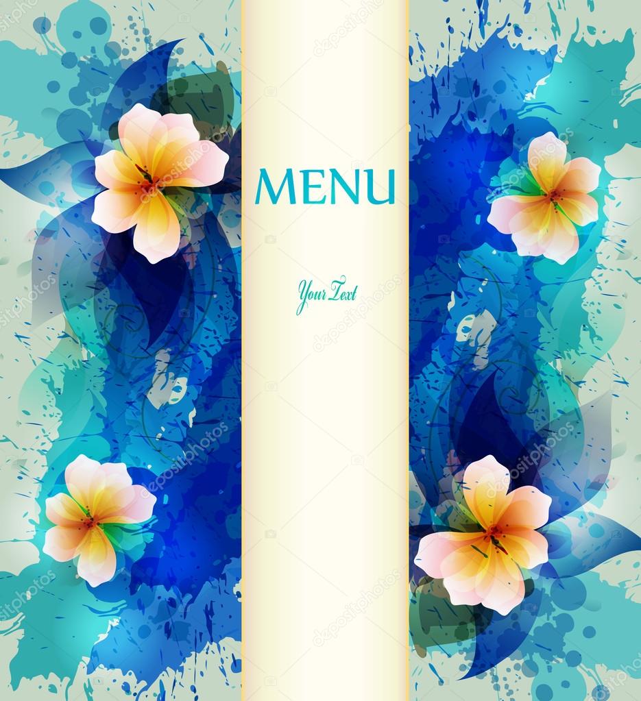 Blue Design background with hand drawn vintage flowers and colorful blots.