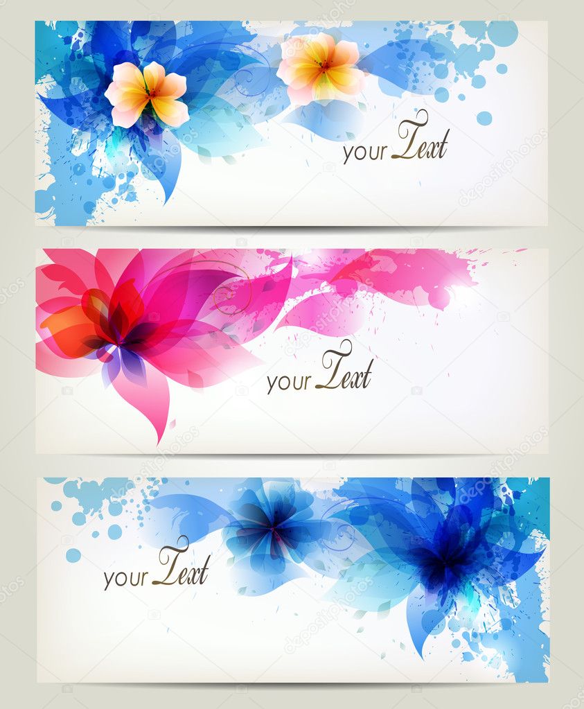 Set of flowers element and colorful blots. Design brochure template with flowers elements