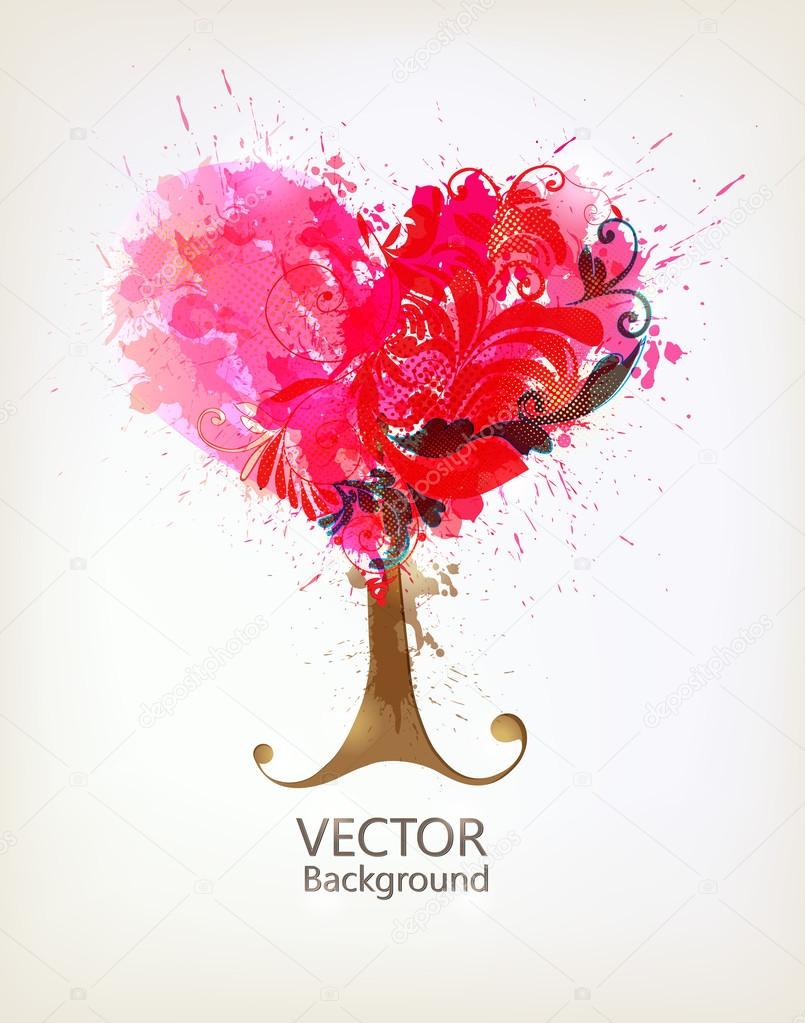 Vector tree. illustration with floral design elements and blots