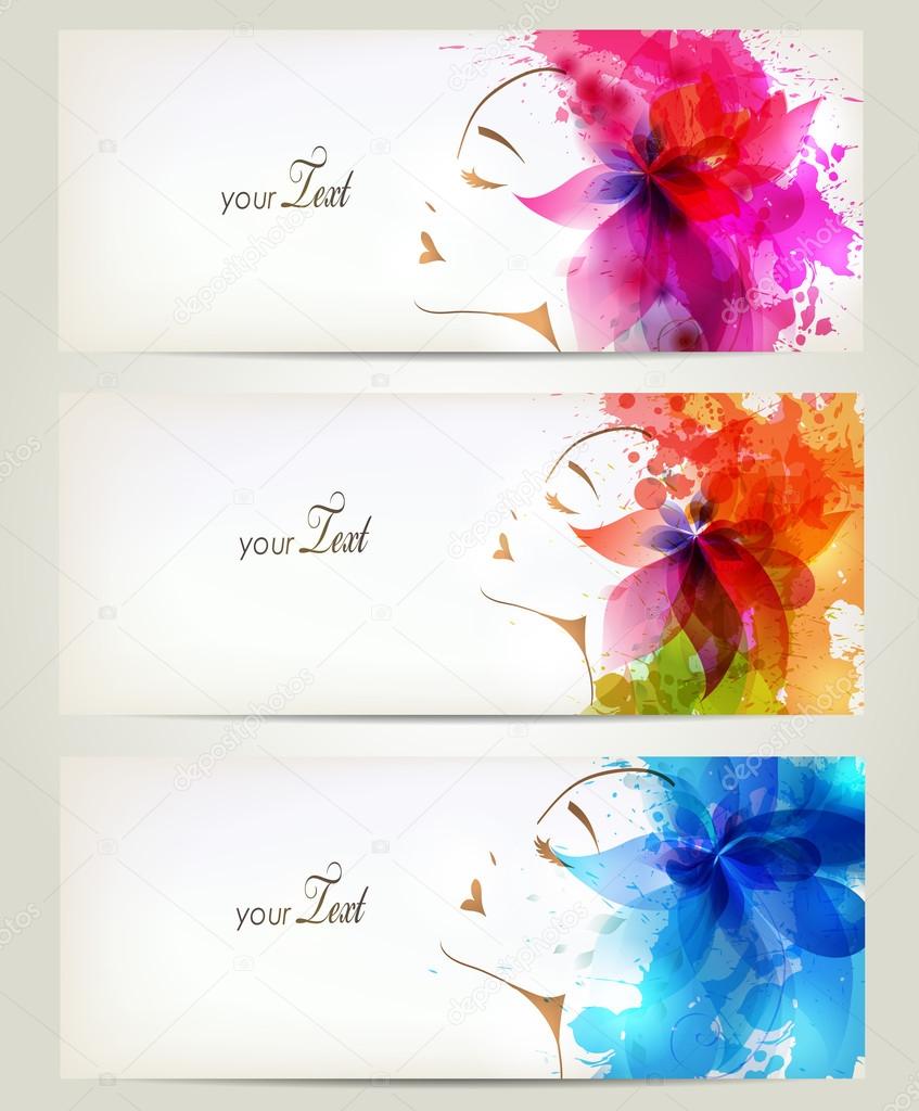 Set of Beautiful fashion women with abstract colorful flowers and blots.