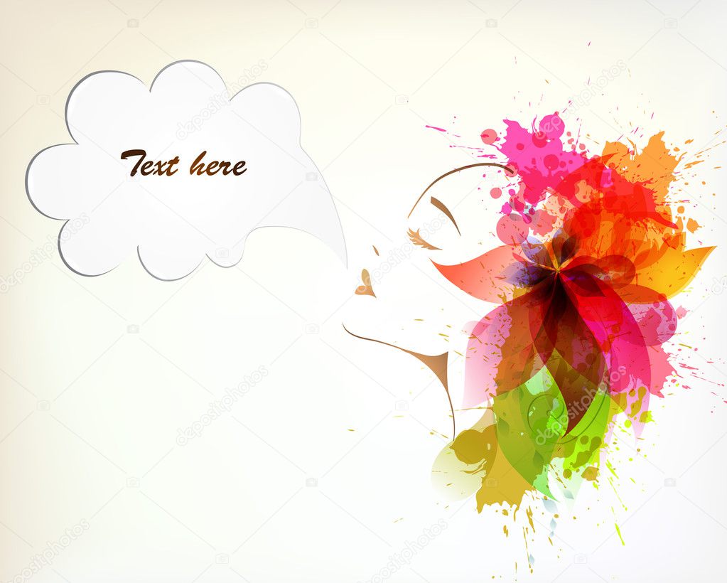 Beautiful women with abstract colorful flower and blots and speech bubbles