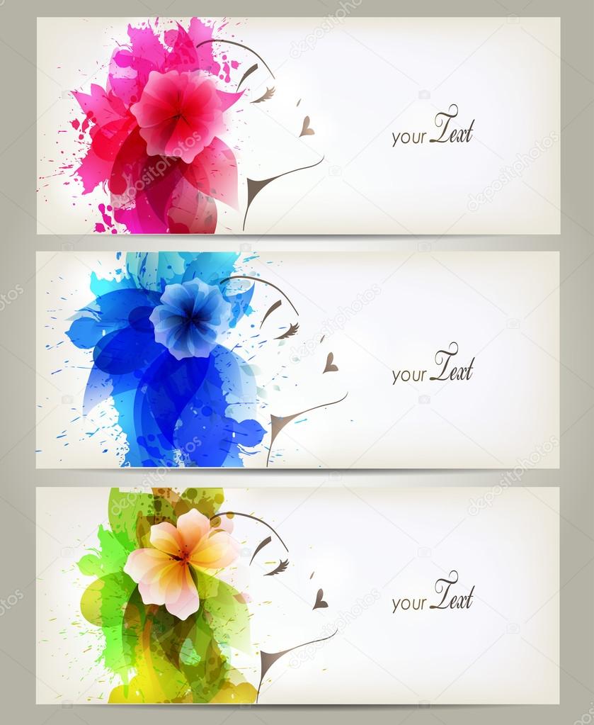 Set of Beautiful fashion women with abstract colorful flowers and blots.