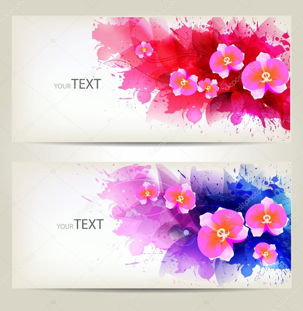 Set of flowers element and colorful blots.
