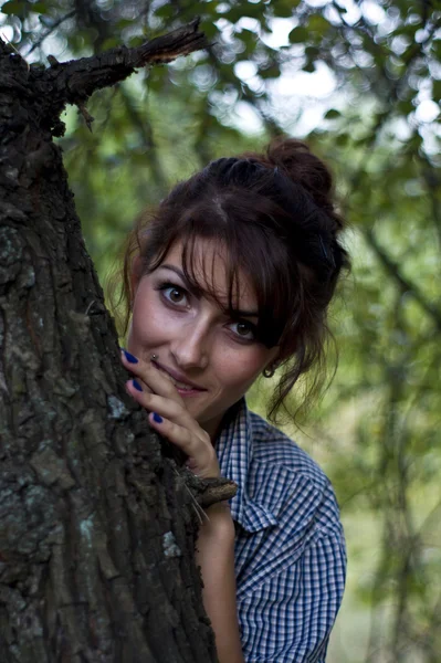 Menina posando na floresta de coníferas — Fotografia de Stock