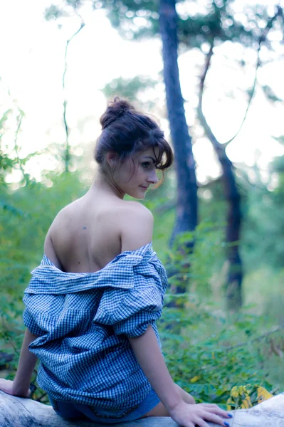 Dívka pózuje v jehličnatých lesů — Stock fotografie