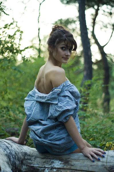 Chica posando en el bosque de coníferas — Foto de Stock