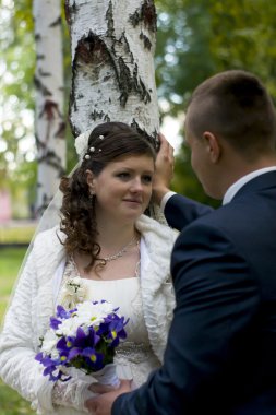damat ve gelin sonbahar park öpüşme içinde yürüyüş