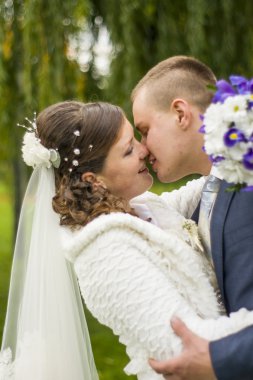 damat ve gelin sonbahar park öpüşme içinde yürüyüş