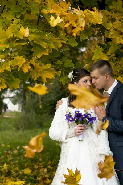 Brautpaar geht im Herbst spazieren — Stockfoto