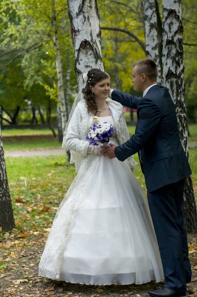 Pareja nupcial camina en otoño —  Fotos de Stock