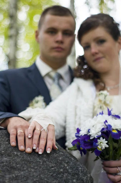 Brudparet promenader i höst — Stockfoto