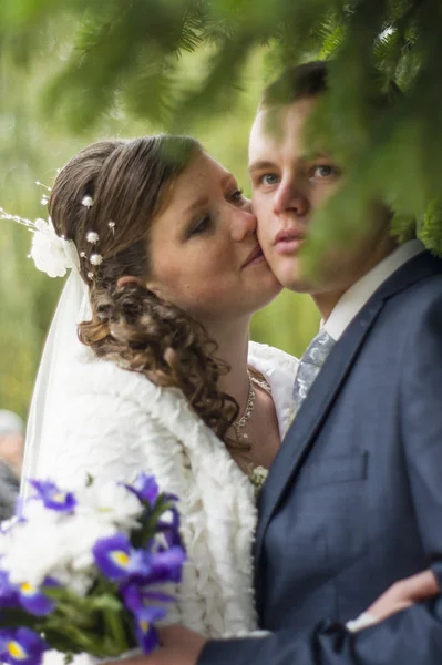 El novio y la novia a pie en el parque de otoño besándose —  Fotos de Stock